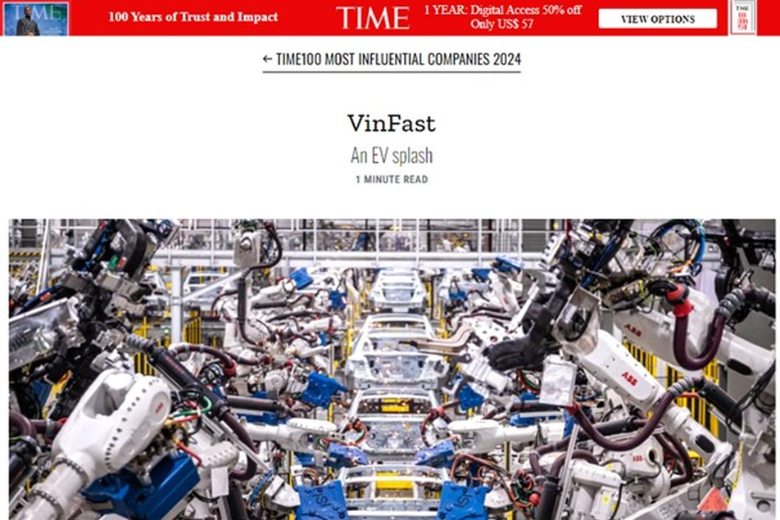 VinFast lọt Top 100 công ty ảnh hưởng nhất thế giới 2024 của TIME 2 Hình ảnh bài bài của VinFast được đăng trên tạp trí TIME